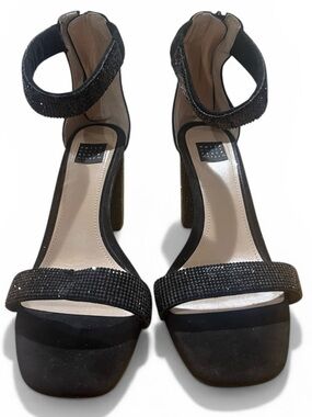 White House Black Market Black Rhinestone, Ankle Strap, Block Heel Sandals, S 8